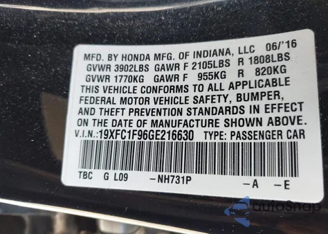 2016 Honda Civic Touring from USA, damaged, VIN 19XFC1F96GE216630